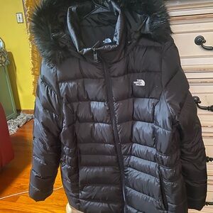 The North Face Black Hooded Puffer Coat women XXL zip pockets